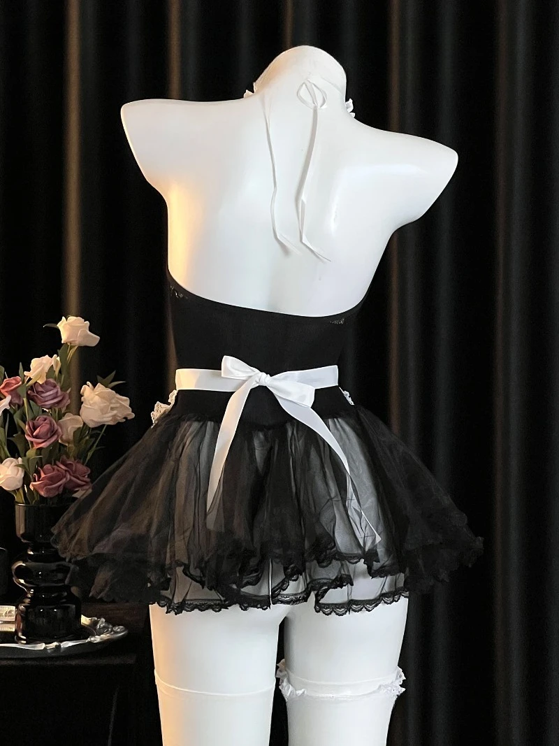 ชุดตาข่ายยืดหยุ่นสูงสไตล์ผู้หญิงมีระดับและเป็นผู้ใหญ่, ชุดยูนิฟอร์มแม่บ้านแบบผูกคอเว้าหลัง, กระโปรงสั้นซีทรูบางเบา, สมบูรณ์แบบ