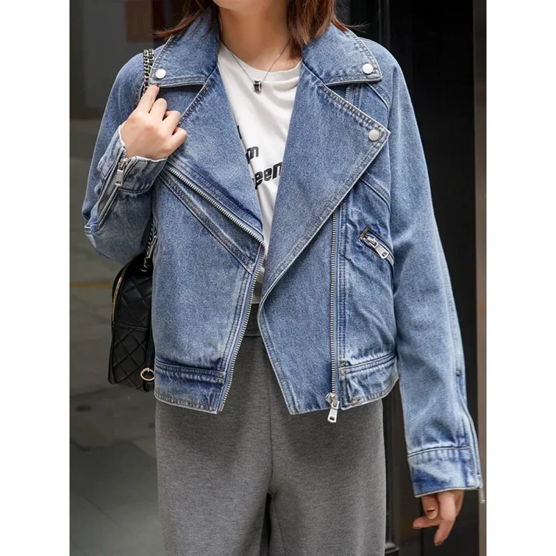 

Spring Autumn Women Denim Jacket Casual Lady Moto Biker Coat Vintage Lapel Zipper Cowboy Jacket Women