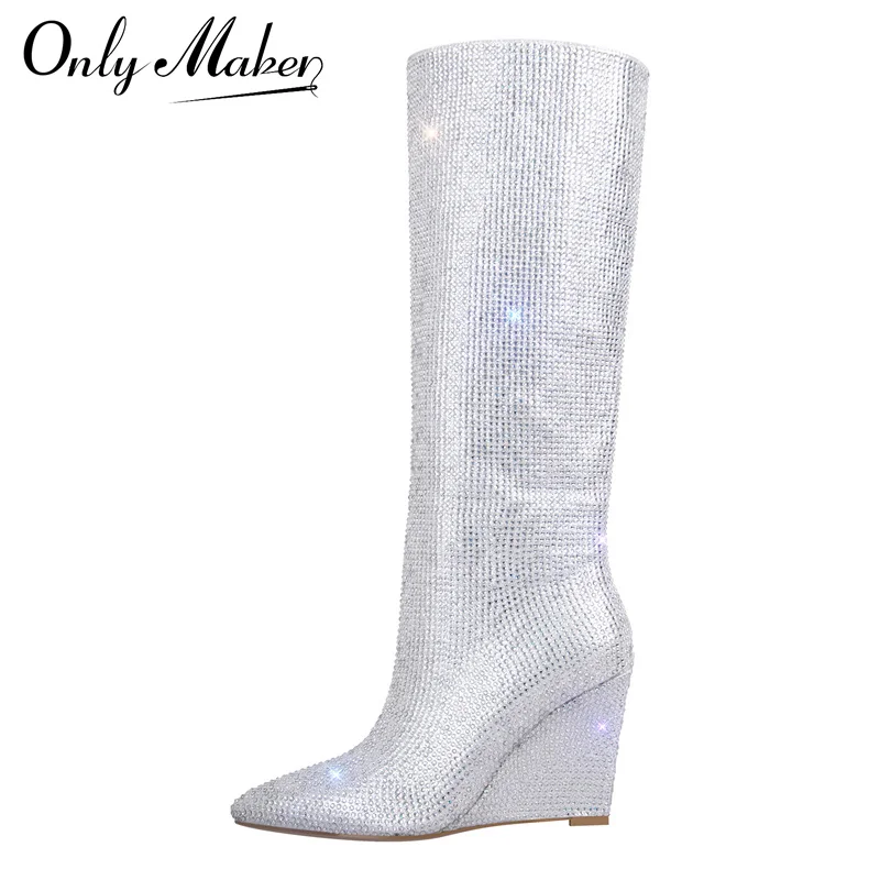

Onlymaker, сапоги до колена на танкетке, украшенные кристаллами, ковбойские модные вечерние сапоги в западном стиле, зимние сапоги