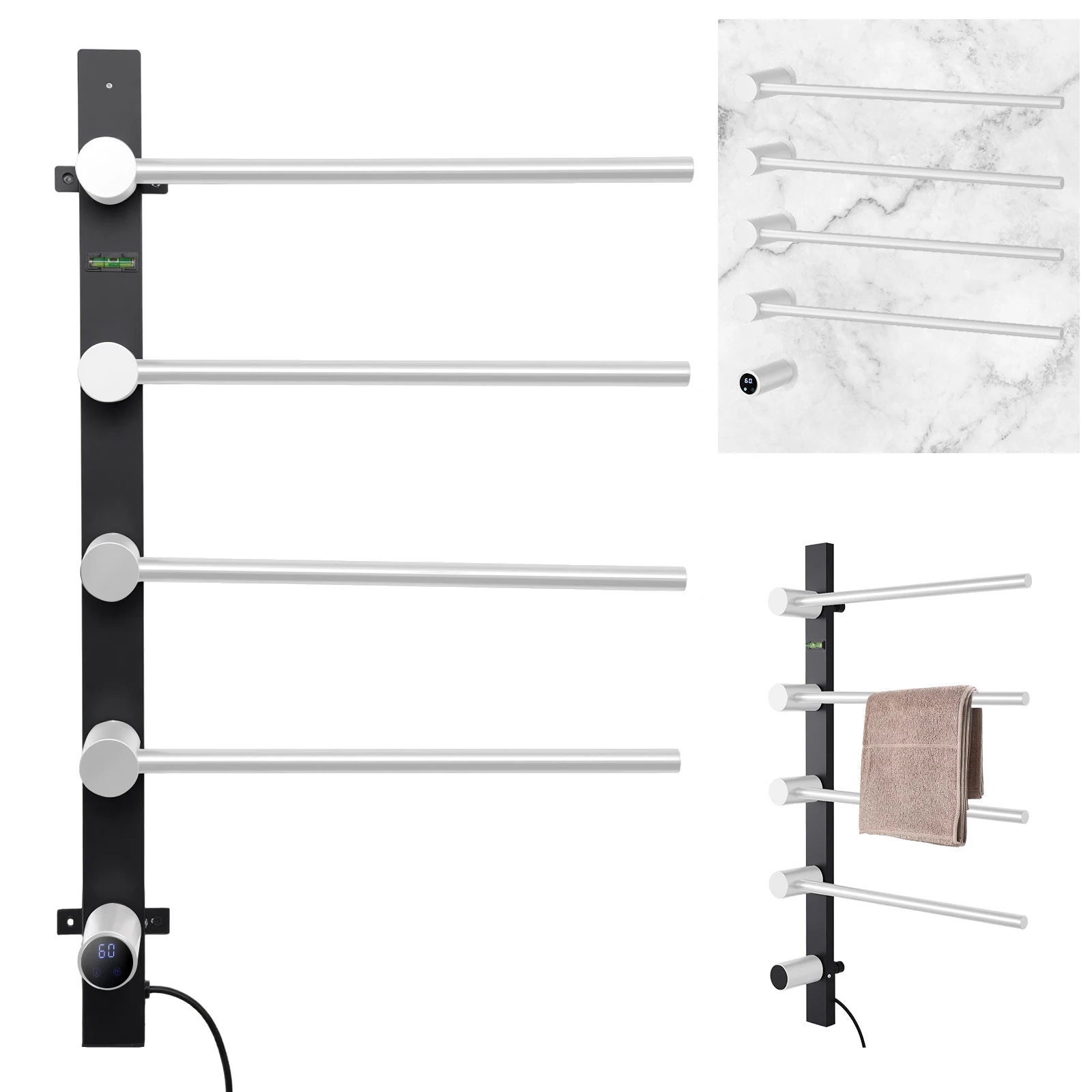 

Towel Rack Warmer 4 Bar Heated Towel Rack Adjustable Temperature Towel Heater w/LED Display, Stainless Steel Towel Warming Rack