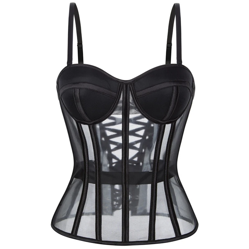 

Женский корсет-бюстье без бретелек со стальным кольцом, бюстгальтер на бретелях, черный дышащий сетчатый корсет на шнуровке на тонких бретельках, корректирующее белье
