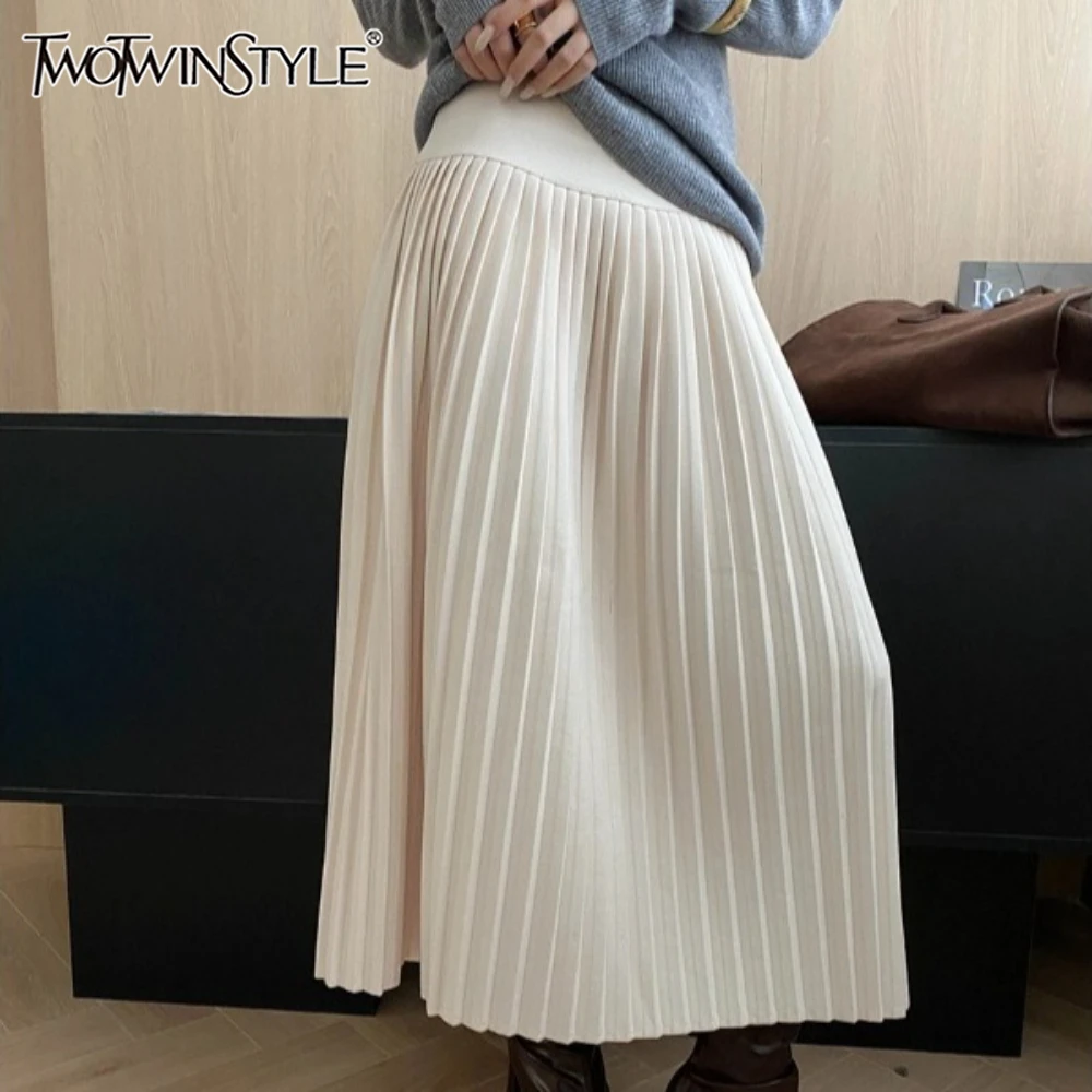 

TWOTWINSTYLE Solid Spliced Folds French Basics Skirt Female High Waist Loose High End Women's Skirts Autumn New Fashion Style