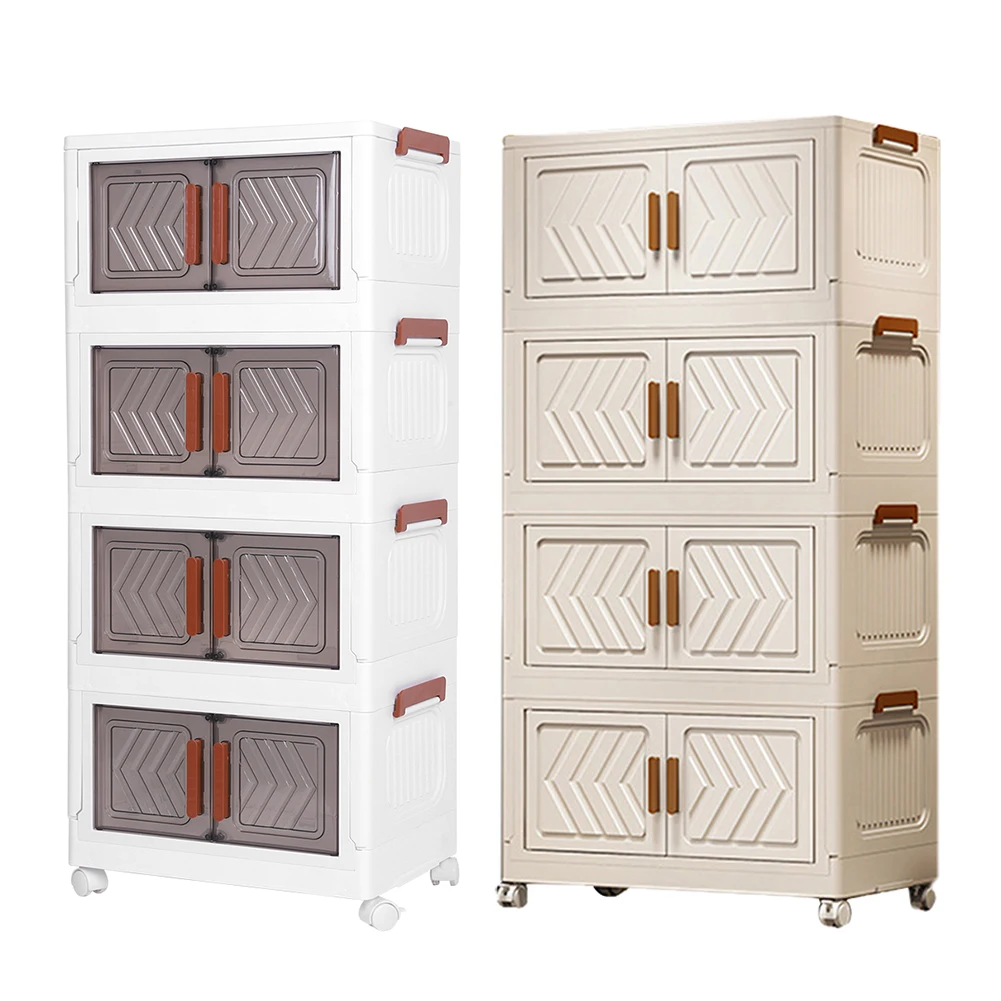 4 Tier Plastic Storage Containers with Doors & Wheels Foldable Organization Plastic Storage Box for Living Room Bedroom Office