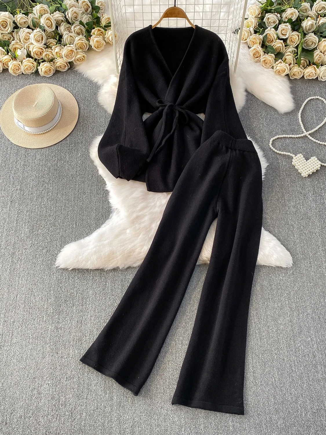 Setelan Fashion Wanita Ele Autumn Winter Batwing Sve Casual Cross Tie Waist Slimming Jaet plus Celana Kaki Lebar Pinggang Tinggi