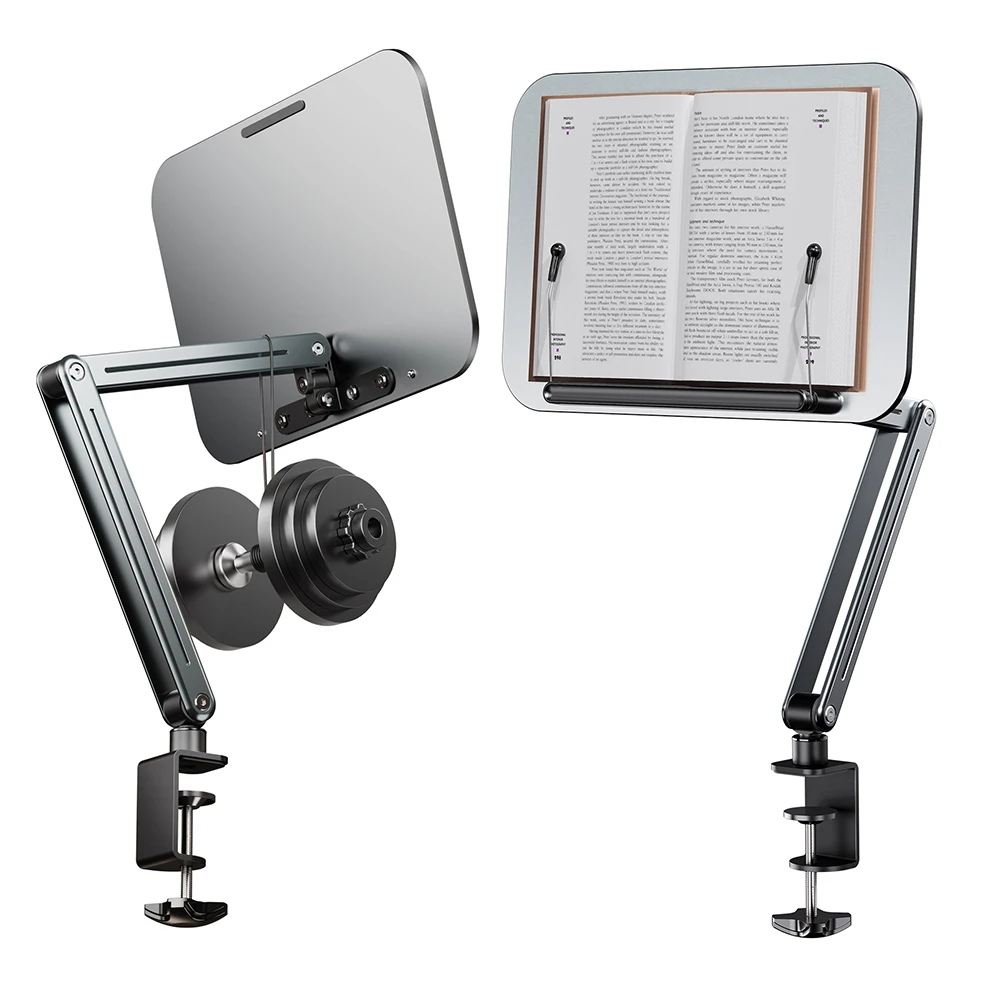 

Adjustable Desk Clamp Book Stand for Reading and Cooking Recipes with Laptop and Tablet Support