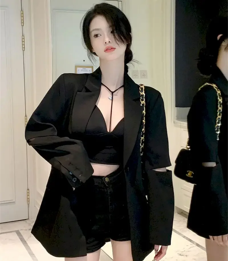 Women Sexy Chain Blazer with Cut-out Back 2023 New Korean Fashion Black Loose Thin Blazers for Women Elegant Chic Coats Female