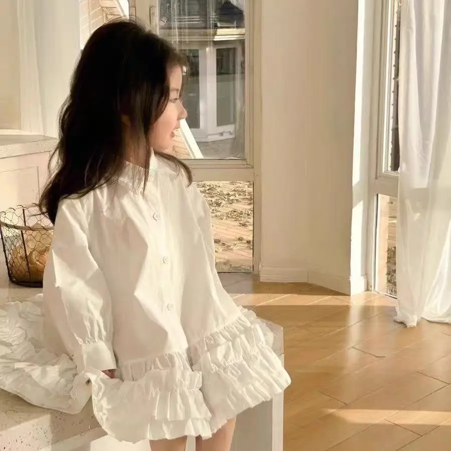 

Girl's Children Summer Turn-down Dresses Shirt Dress Princess Spring 2025 New Long-sleeve Gown 2-7Y Kids Autumn Fashion Clothing