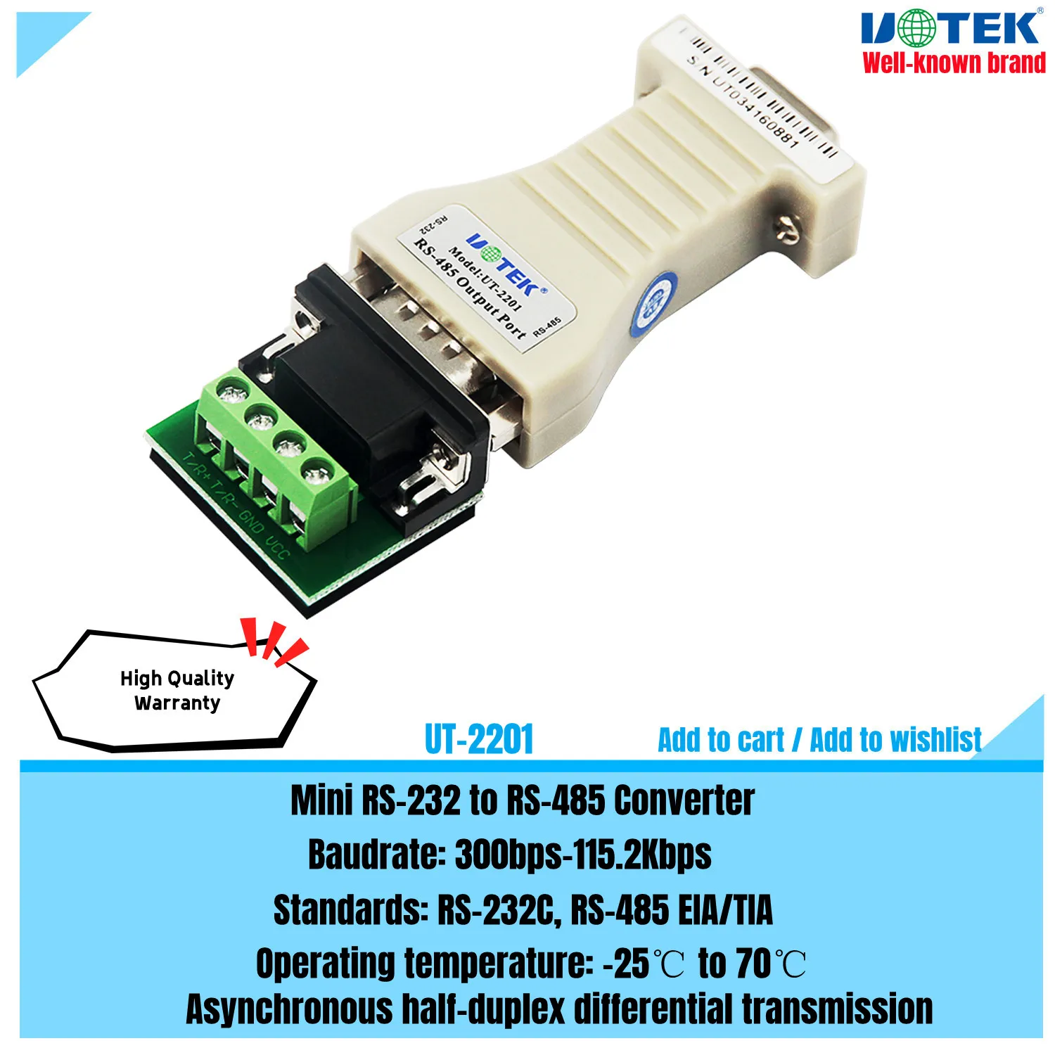 UOTEK Mini RS485 to RS232 Converter Serial Adapter DB9 Connector Bidirectional Transmission ±15KV ESD UT-2201