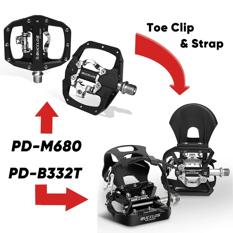 BUCKLOS PD-B332T MTB Lock Pedal with Toe Clip Dual Function Flat/SPD Mountain Bike Pedals 9/16'' Sealed Bearing Bicycle Pedals