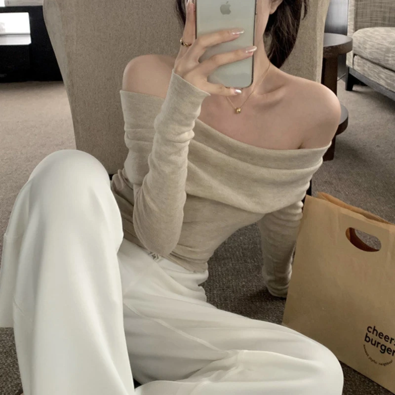 Long Sleeve Pullovers Women Spring Girls Korean Fashion Elegant Korean Style Simple Leisure All-match Off Shoulder Designed Cozy