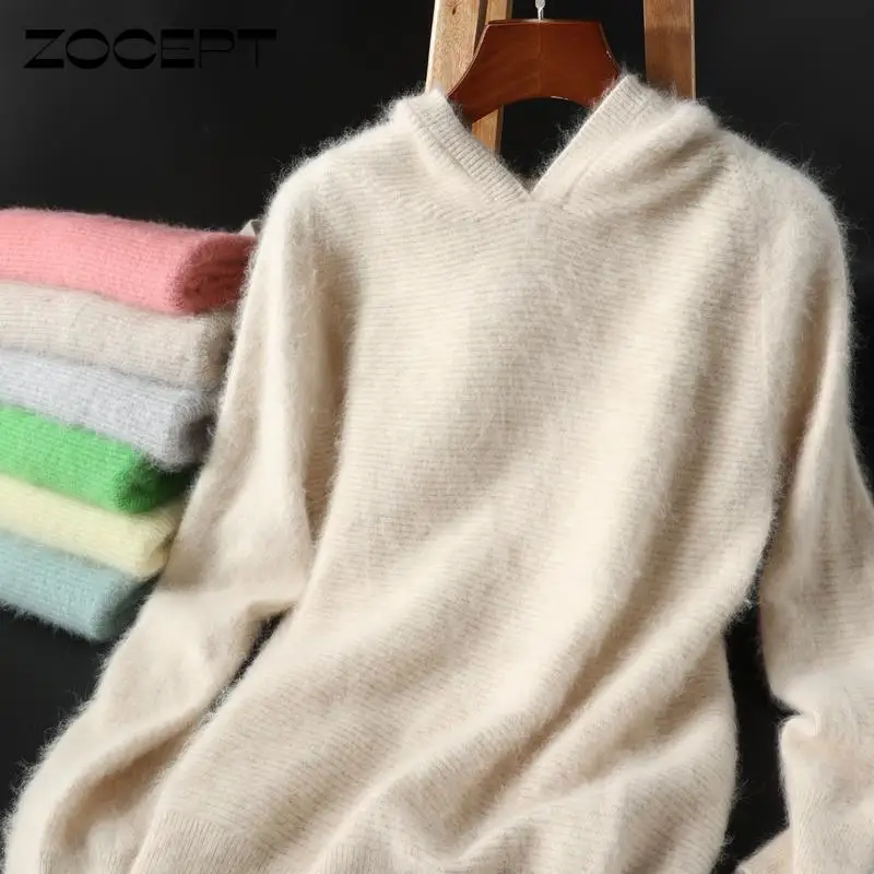 Zocept-Pull à capuche en cachemire de vison pour femme, 100% cachemire, tout chaud, pull pour femme, Grade Up, pulls doux, automne et hiver