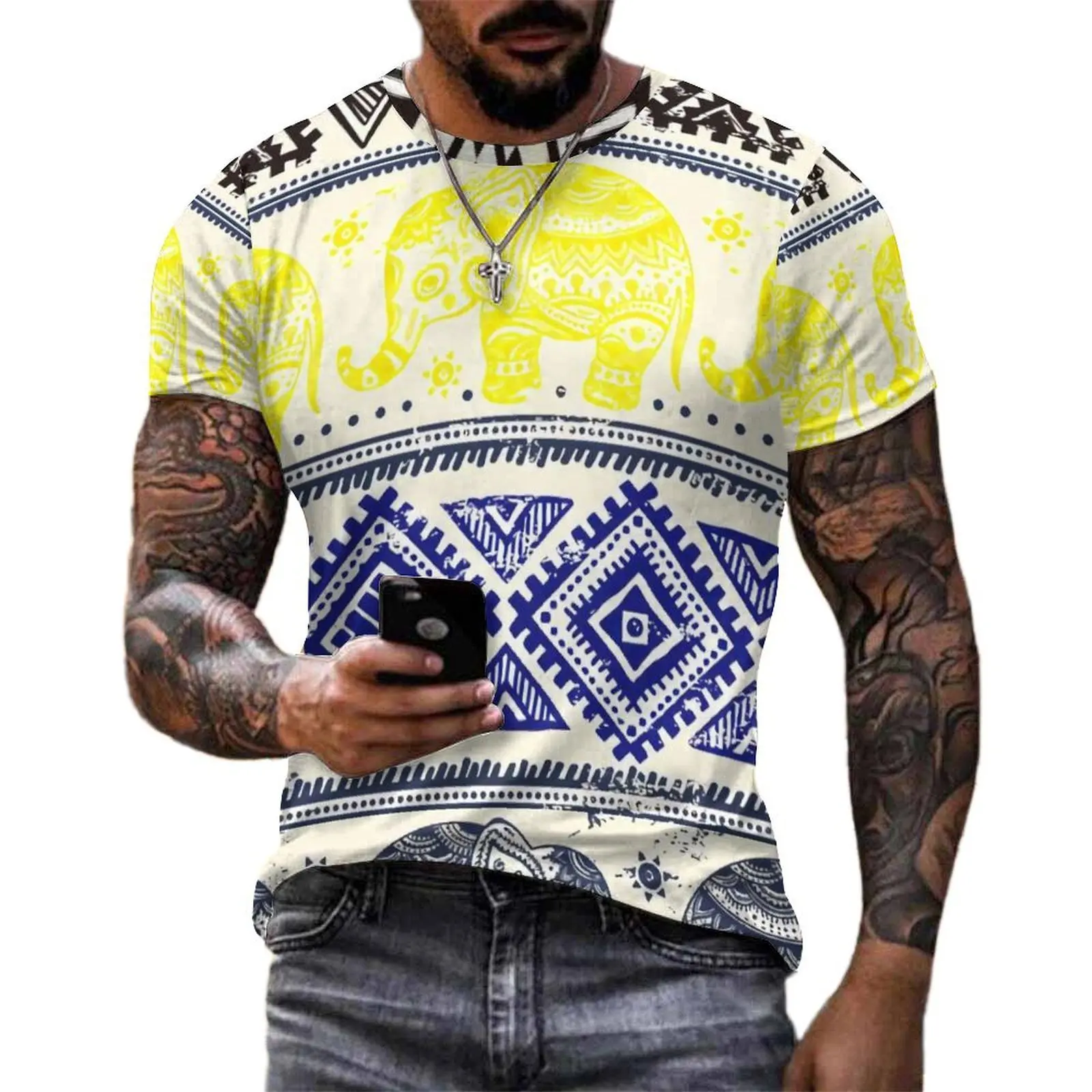 Vintage Elephant 80S T Shirt Tribal African Draw Hippie T-Shirts Short-Sleeved Graphic Tops Cheap Summer Basic Oversized Tees