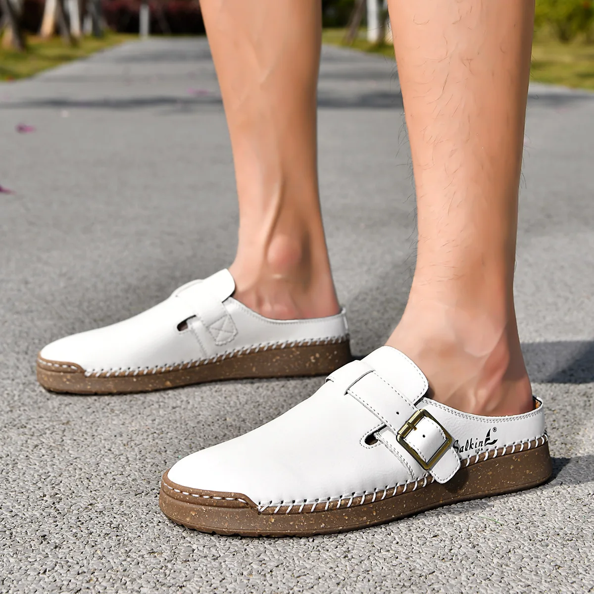 Business and Leisure Men's Mule Leather Loafers Soft Soled Driving Shoes Backless Slippers Breathable Office Sandals Plus Size