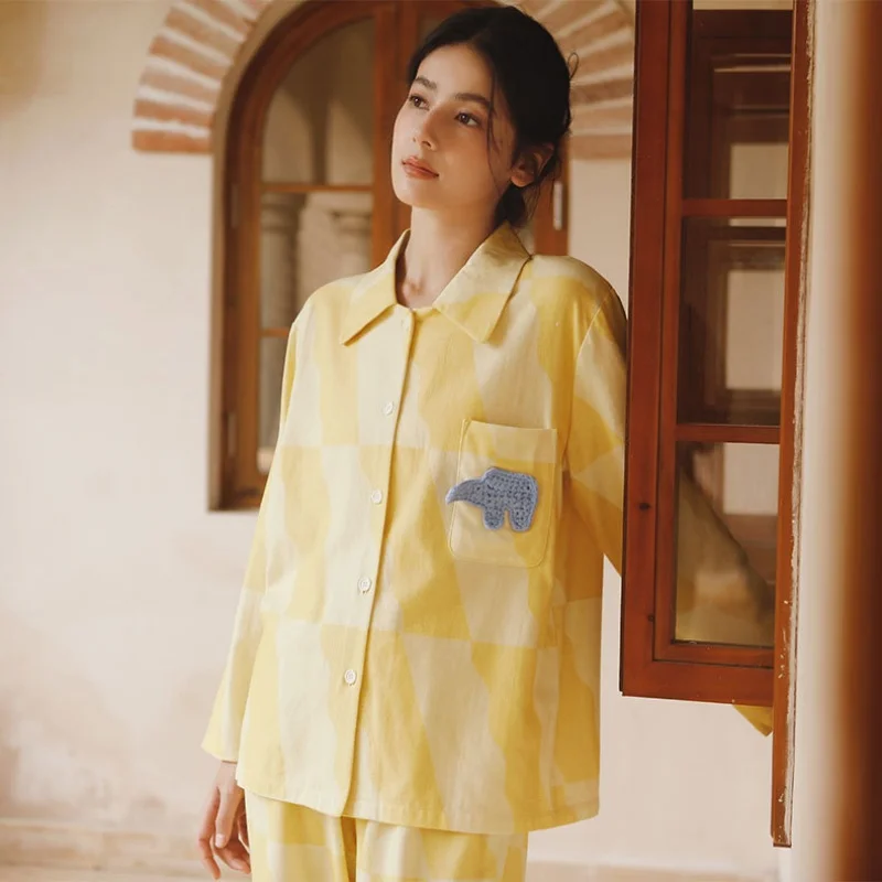 

Women Winter 100% Brush Cotton Two-Pieces Sleepwear Turn-Down Collar Cardigan Full Sleeves Embroidery Pajamas Long Pants PYJS