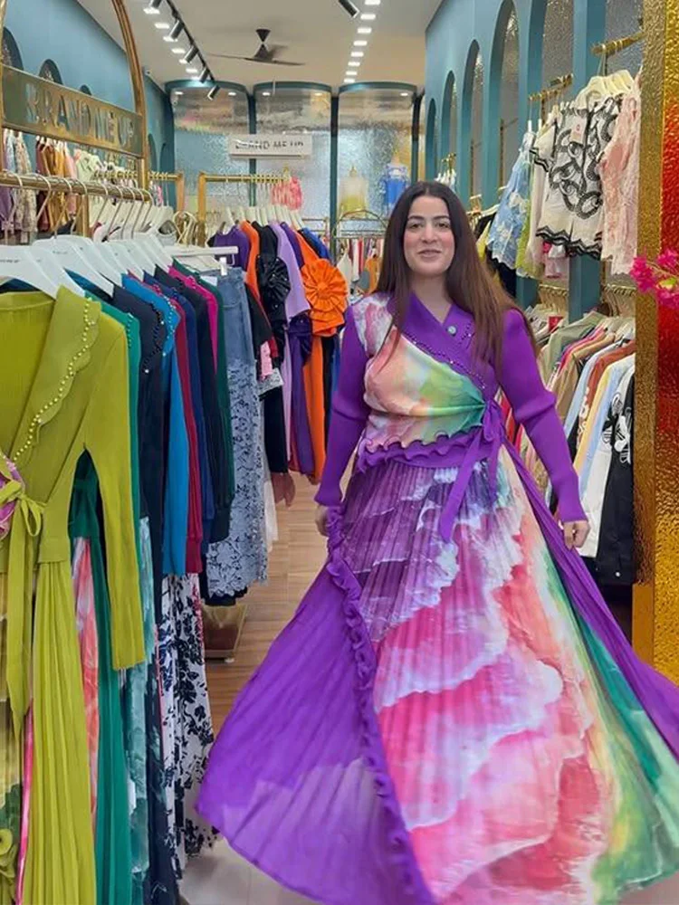 EGRM ใหม่ Miyake ชุดเดรสทรงเอจับจีบประดับด้วยลูกปัด Ruffled Panelling ‌   Spliced Design Loose Large Size with Stretch Prom Dresses 6R7195