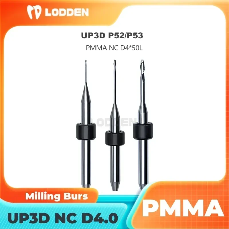 UP3D P52/P53 Dental Milling Burs for Grinding PMMA NC Coating D4 Drill Diameter 0.6/1.0/2.0mm Total 50mm Denture Griding Tools