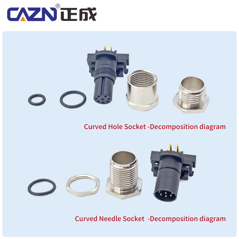 New Arrival M12 Angled PCB Electrical Connectors 2/3/4/5/6/8/12/17 Pin Male&Female Panel Mount Curved Socket
