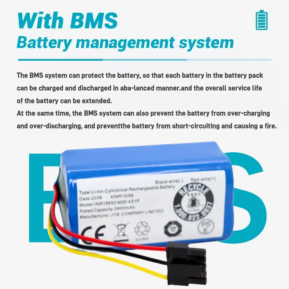 بطارية ليثيوم أيون قابلة لإعادة الشحن 14.4 فولت/14.8 فولت 2600 مللي أمبير في الساعة مناسبة لـ Xiaomi Mijia Mi Robot Vacuum Mop 2 Lite، C103، EVE CC & E10 B112/E12