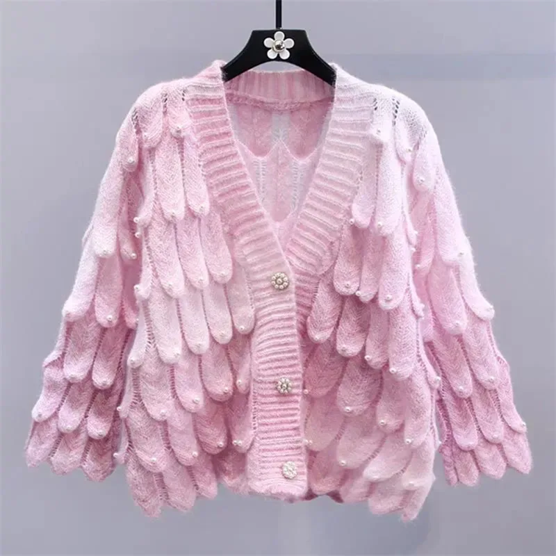 2024 New Cardigan Sweater Spring Autumn Women Loose V-Neck Single-Breasted Knitwear Fashion Stereoscopic Petals Tops Female