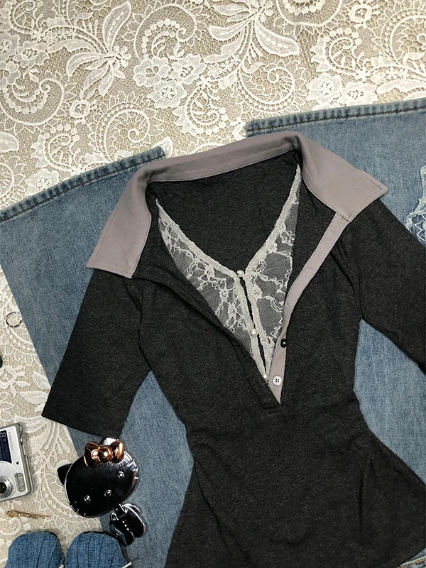 

Футболка ay Lace Splice Five-Quarter Sve, женская летняя винтажная уникальная футболка в Корейском стиле, облегающая хлопковая смесь Cool Sensation