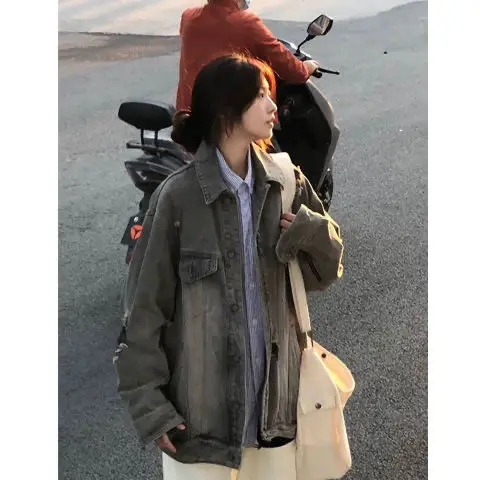 

Woman Jackets Elegant Cowboy Slim-Fitted Windproof Zebra Edge Cyber Couple Fluff Layering Collared Snap Fancy Thickening Look