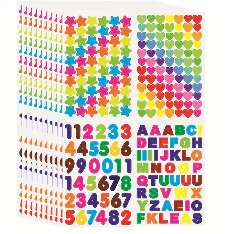 20 Blatt bunte Alphabet-Zahlen-Herz-Stern-Punkt-Aufkleber, selbstklebende Scrapbooking-Aufkleber für DIY-Kunsthandwerk, kreatives JXB