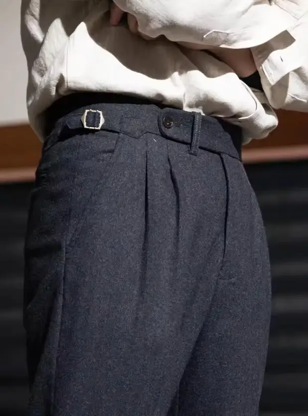 

Flannel Men Pants Wool for Men Naples Italian Casual Parisian Button Tapered Gray Trousers Retro Slim Fit