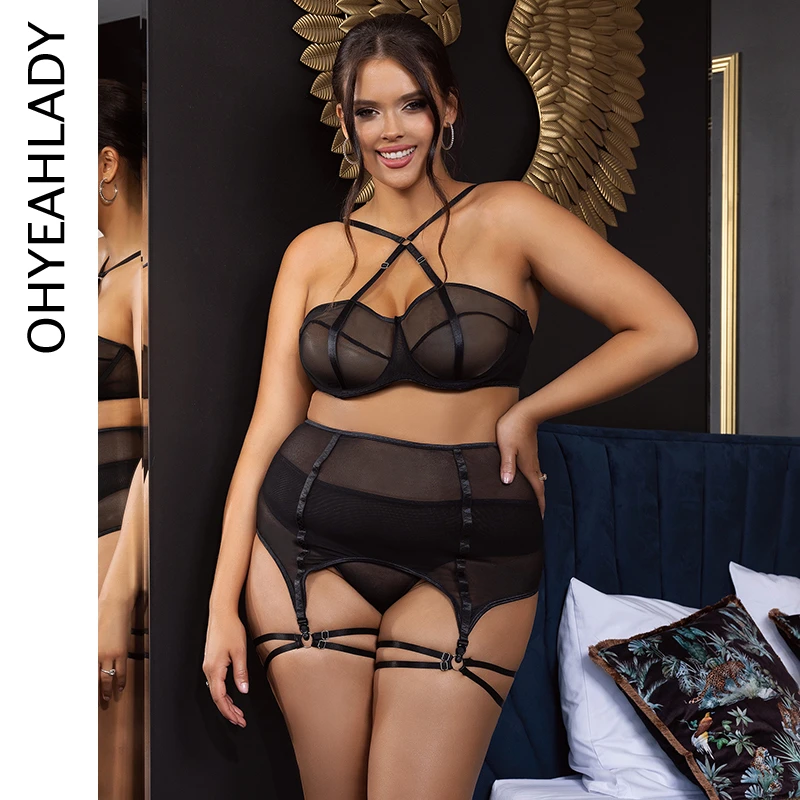 Ohyeahlady Women\'s Bra and Panties Sets Solid Black Sheer Mesh Transparent Strappy Garter Lingerie Plus Size Sexy Underwear Sets