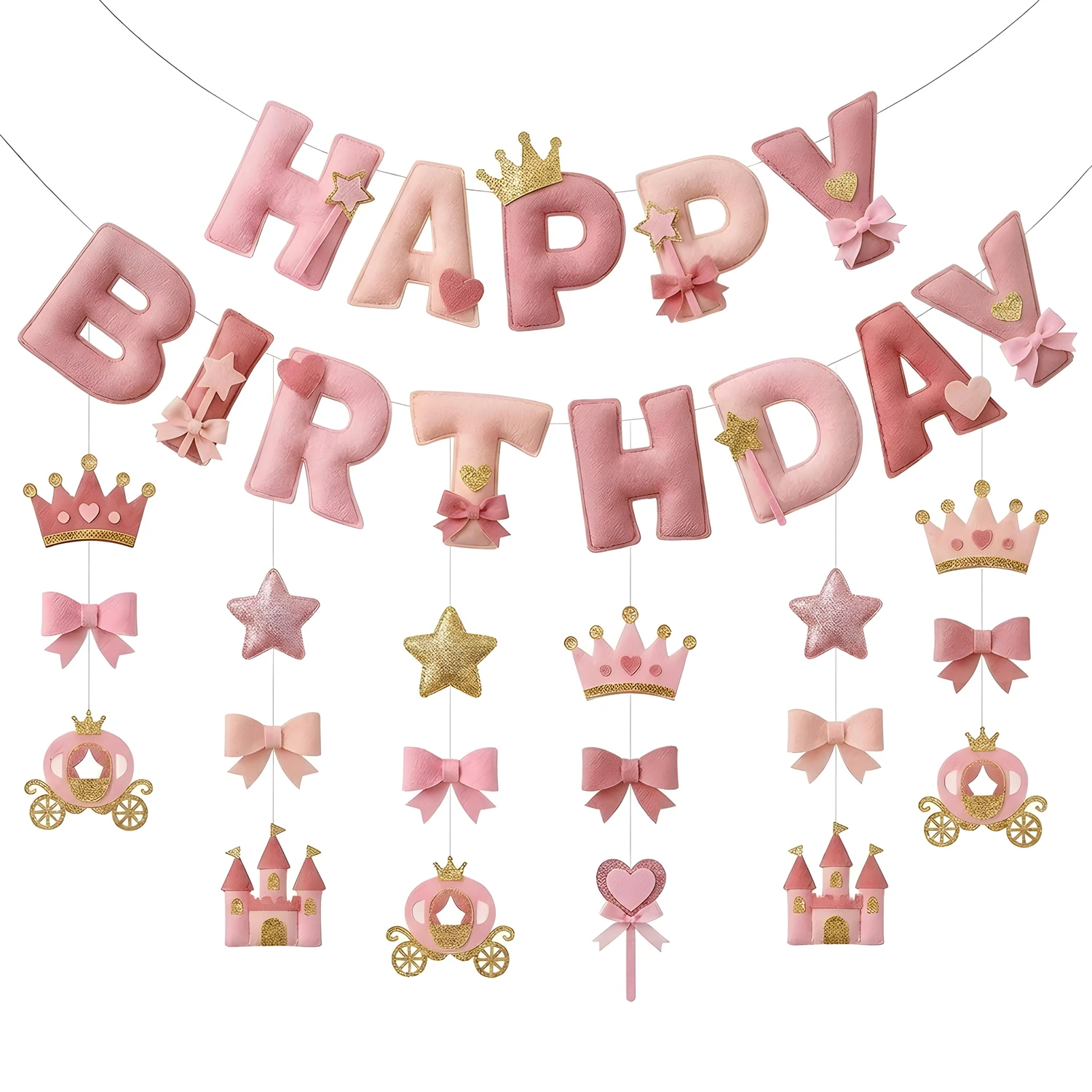 2D Felt Pink Princess Theme Crown Bow Carriage Hanging Spiral Garland Banners Decorations Princess Girls Birthday Baby Party image 5