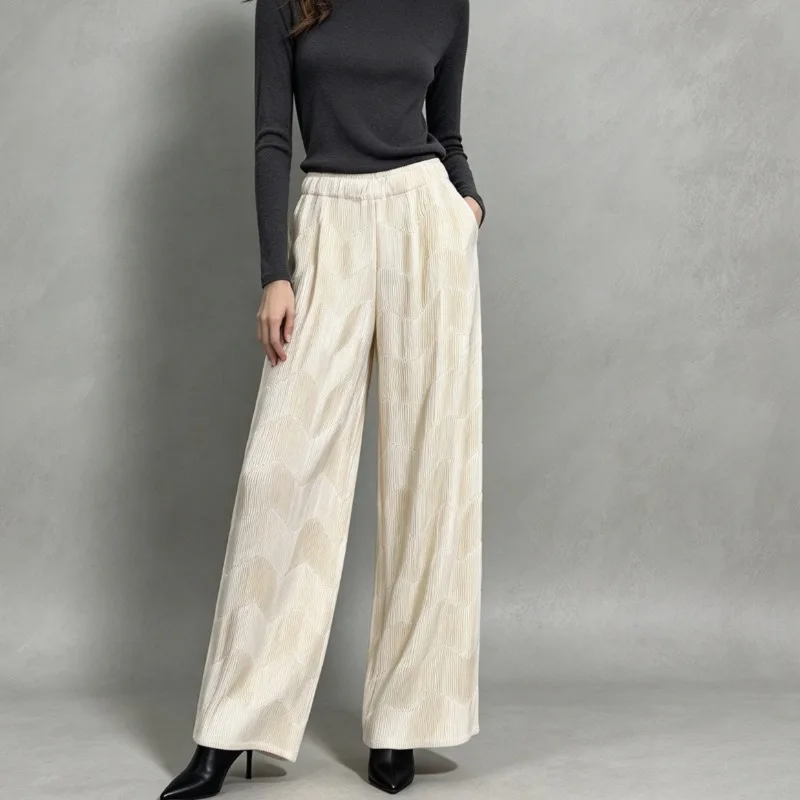 Miyake Pleated Trousers Plus Size Womens Wide-Leg Pants 2026 Autumn Satin Glossy Gradient Wave Pattern Loose Straight Long Pants