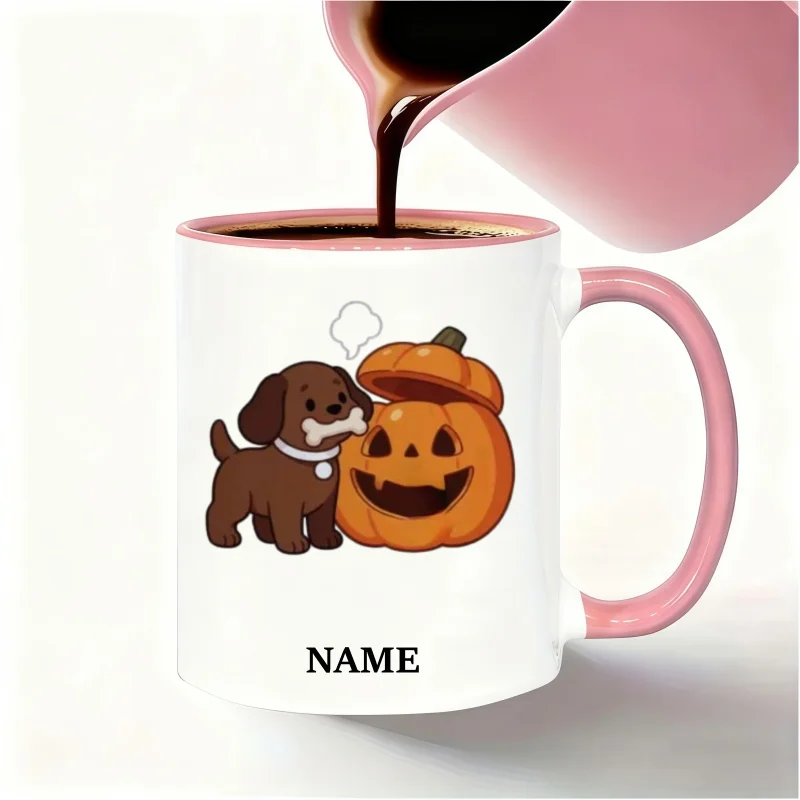 Customizable Name Mug - Cute Cartoon Brown Dog with Bone and Halloween Jack-o'-Lantern Design
