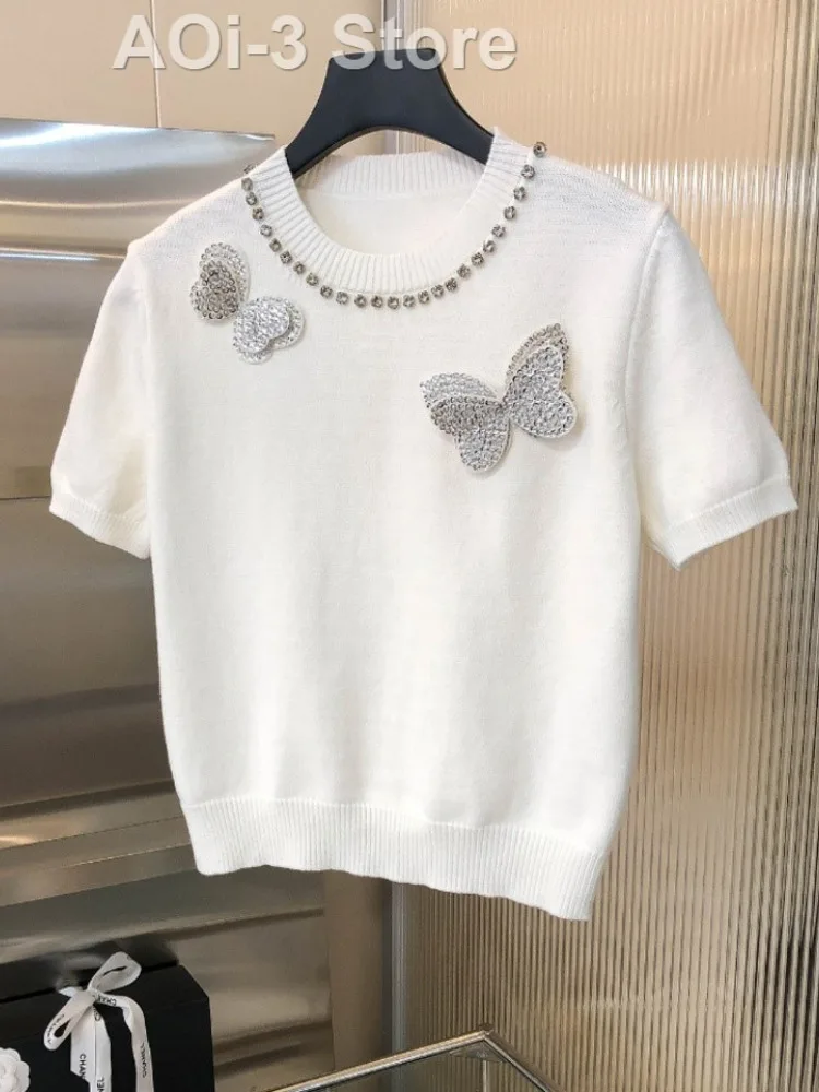 Plus Size White Ice Silk Knitted Sweater Women's 2024 Summer Short-Sleeved Thin Beaded Three-Dimensional Butterfly Commuter Top