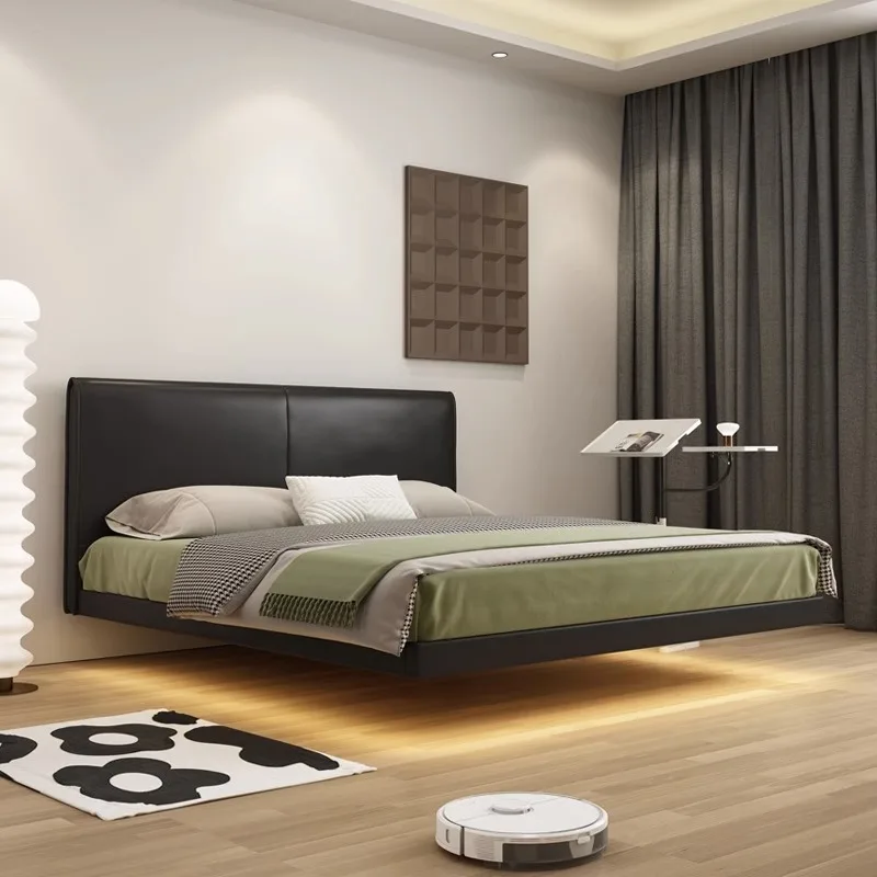 

Italian, minimalist, suspended bed, tofu cubes, genuine leather, modern, Nordic, master bedroom, solid wood, soft ba