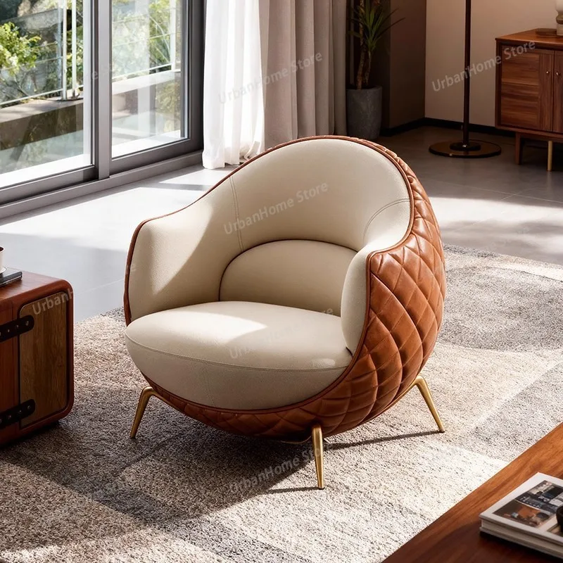 Retro French Style Single Seater Sofa Chair with Diamond Quilted PU Leather Upholstery Round Curved Backrest Solid Wood Legs