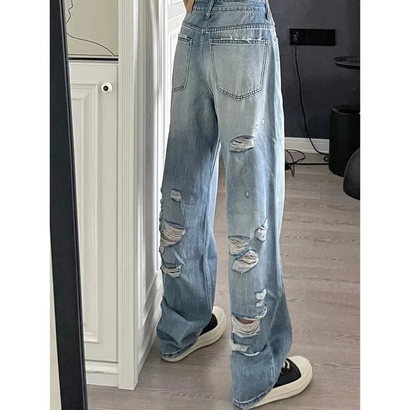 

Summer Blue Womens Ripped Jeans High Waist Baggy Casual Vintage Y2K Trend Straight Pants Street American Wide Leg Denim Trouser