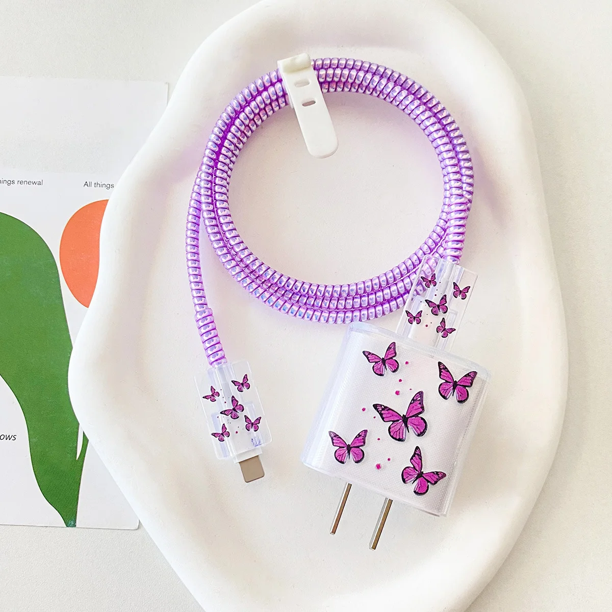 Purple Butterfly Charger Protective Case For iPhone 20W Fast USB Data   Protective Case Winder Organizer Prevent Line Breakage