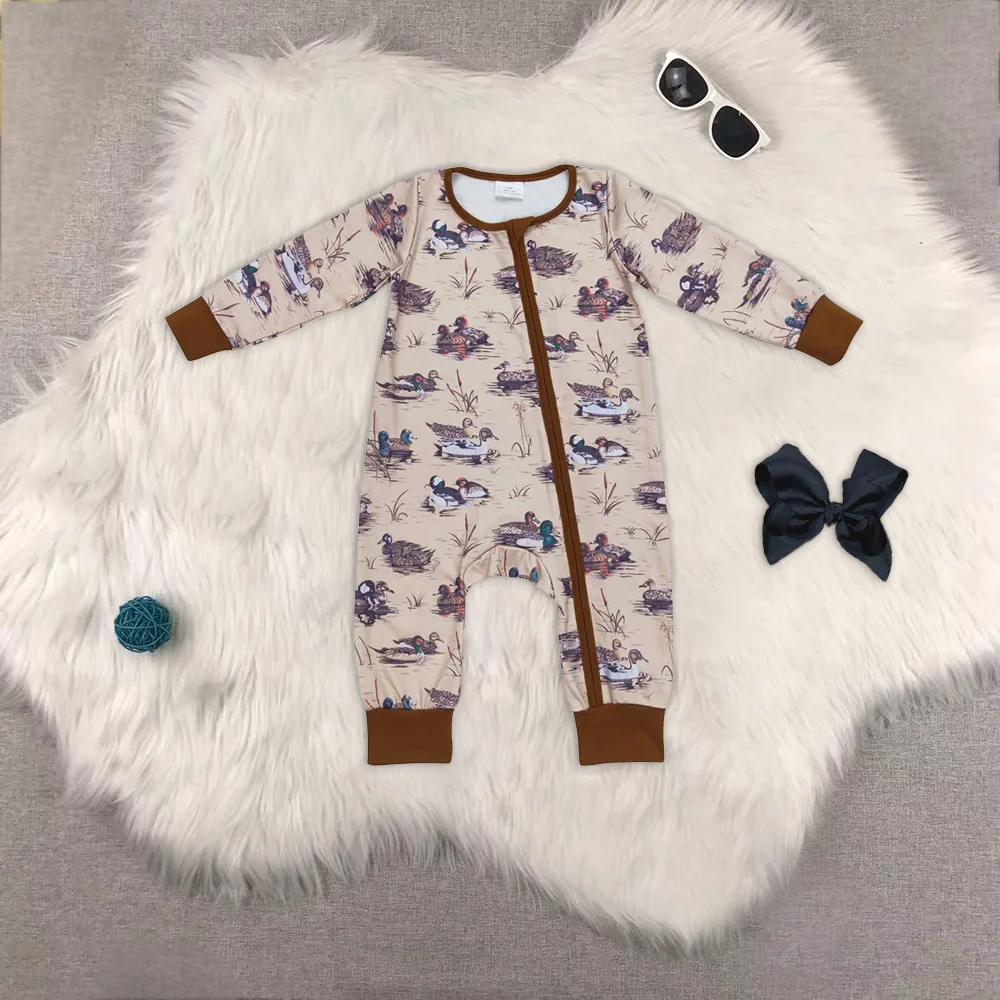 

Baby Boys Fall Grey Duck Long Sleeve Zip Rompers