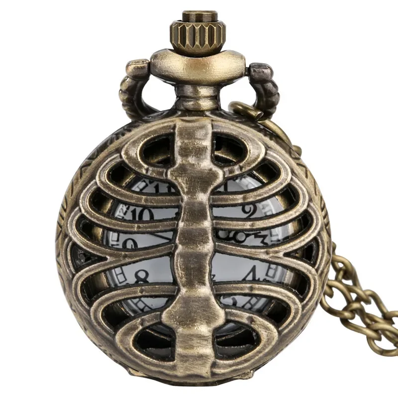 Steampunk Half Hunter Skull Bone Case Men Women Analog Quartz Pocket Watch Arabic Number Display with Necklace Chain	 Timepiece