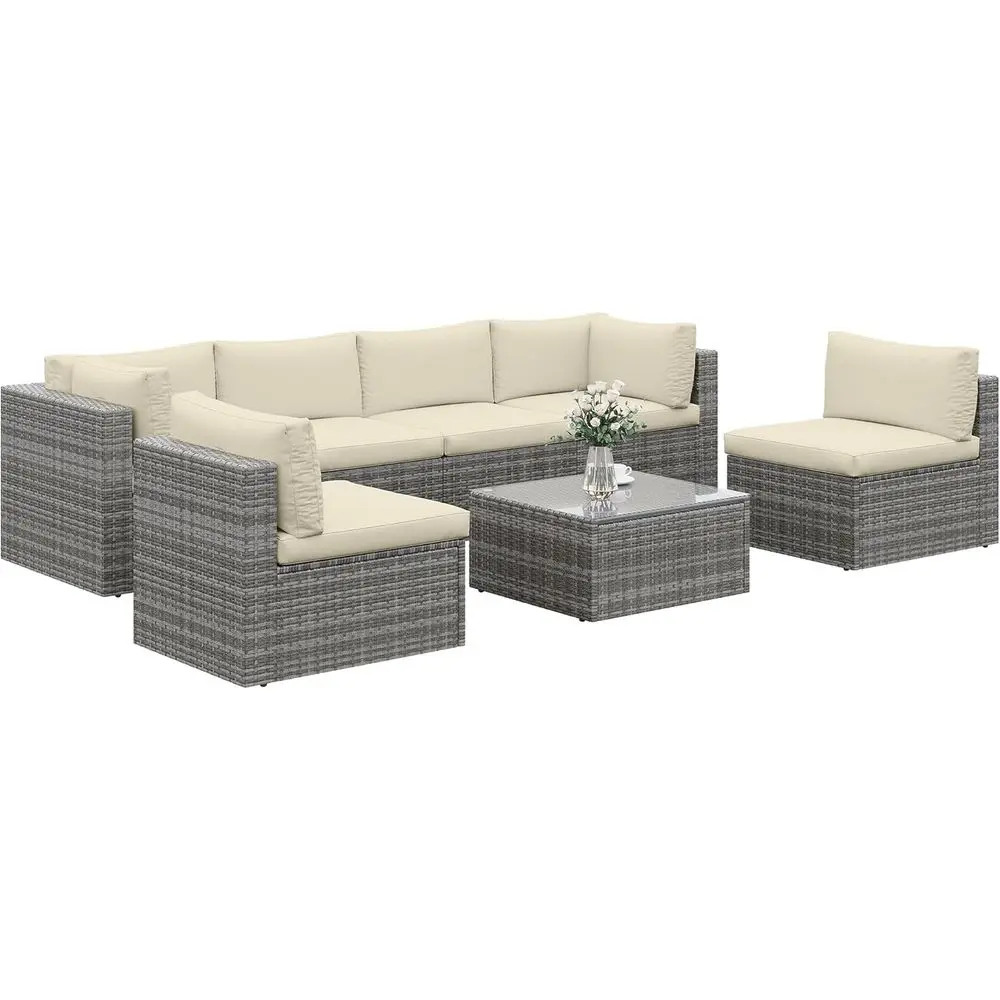 

7 Piece Patio urniture Sets All Weather PE Wicker Couch Soa with Glass Table, Removable Beige Cushions, Brown Rattan