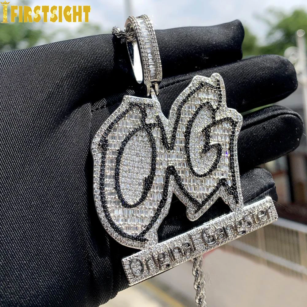 Iced Out Bling CZ Letter Original Gangster Pendant Necklace Two Tone Color Black Cubic Zirconia OG Charm Men Hip Hop Jewelry