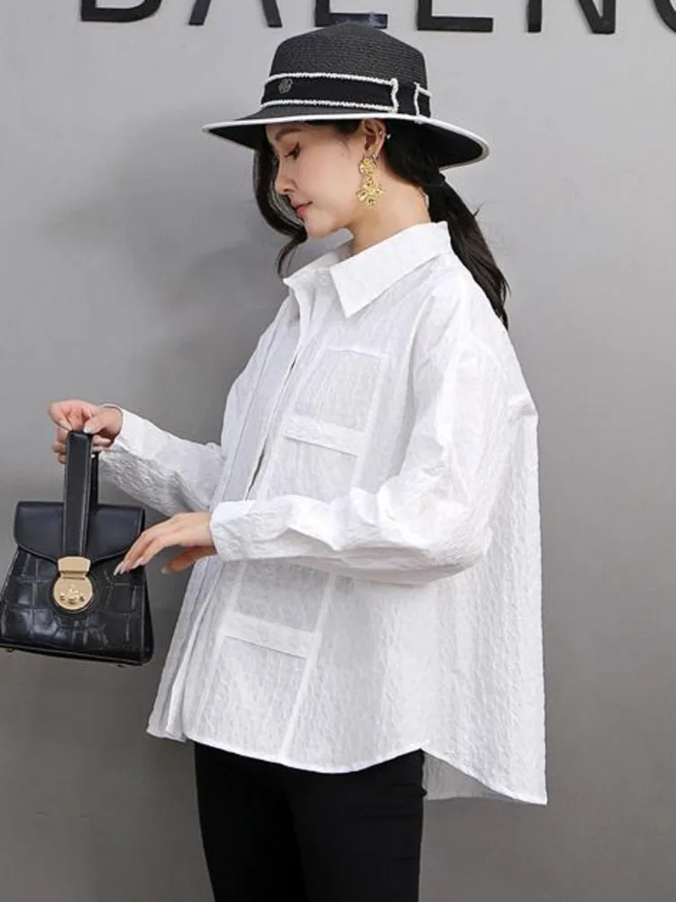 SHENGPALAE Versatile Solid Color Shirt Women 2024 Winter New Fashion Niche Design Turn-down Collar Signle Breasted Shirts 5G562