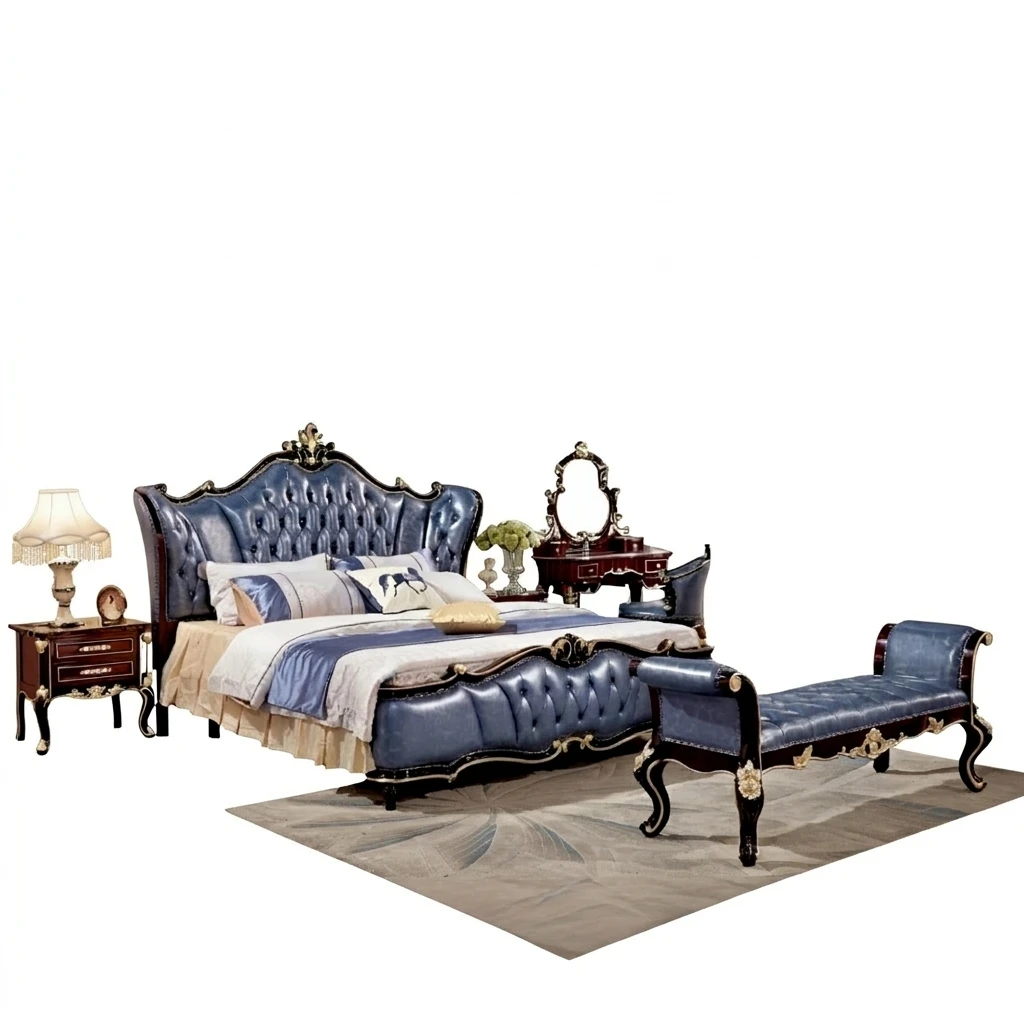 #Luxury European Royal French Classic Beech Wood Gold Leaf Italy Fabric Full Bed Antique Bedroom Furniture Set for Apartment