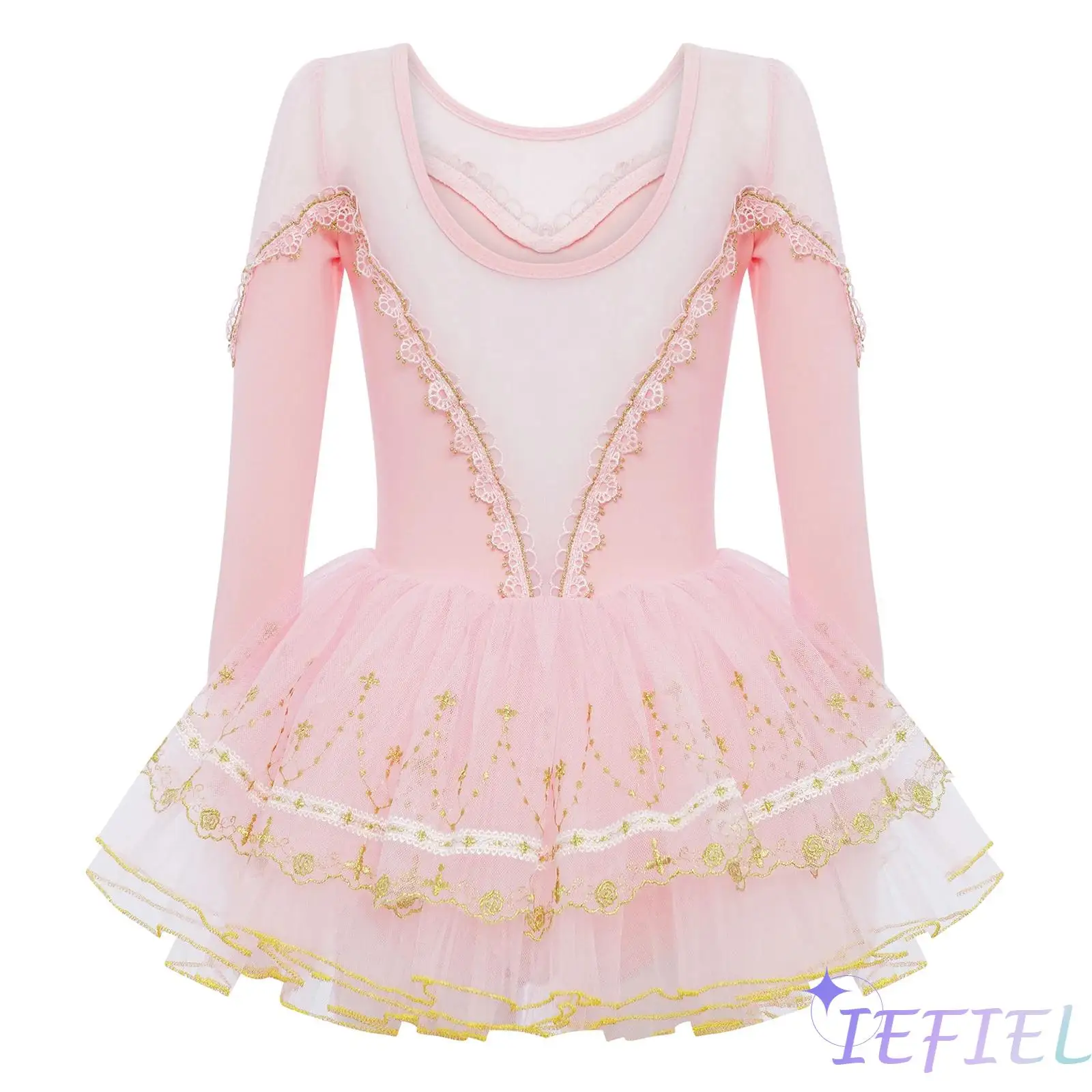 

Kids Girls Elegant Ballet Performance Costume Long Sleeve Sheer Mesh Patchwork Lace Trim Layered Tutu Dress Ballet Dance Wear