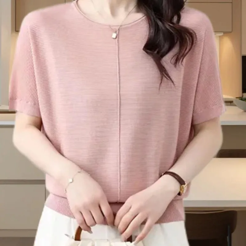 Minimalist Office Lady Summer Thin T-Shirts Women Round Neck Solid Color Jacquard Fashion Casual Loose Short Sleeve Knit Tops