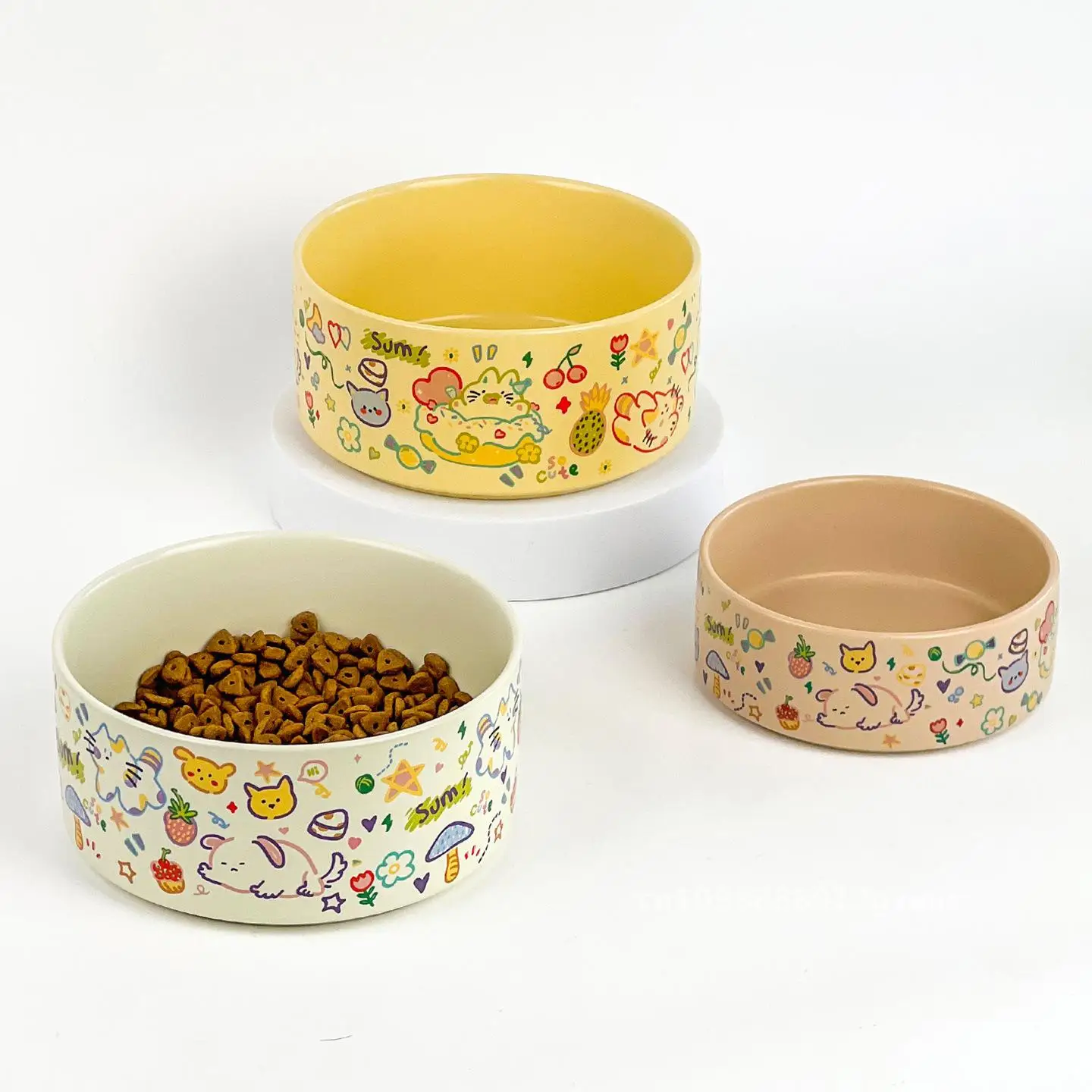 

Ceramic Graffiti Cat Bowl Cute Pet Food Water Feeding Bowl Anti-Knock Black Chin Resistant Small Medium Size Options