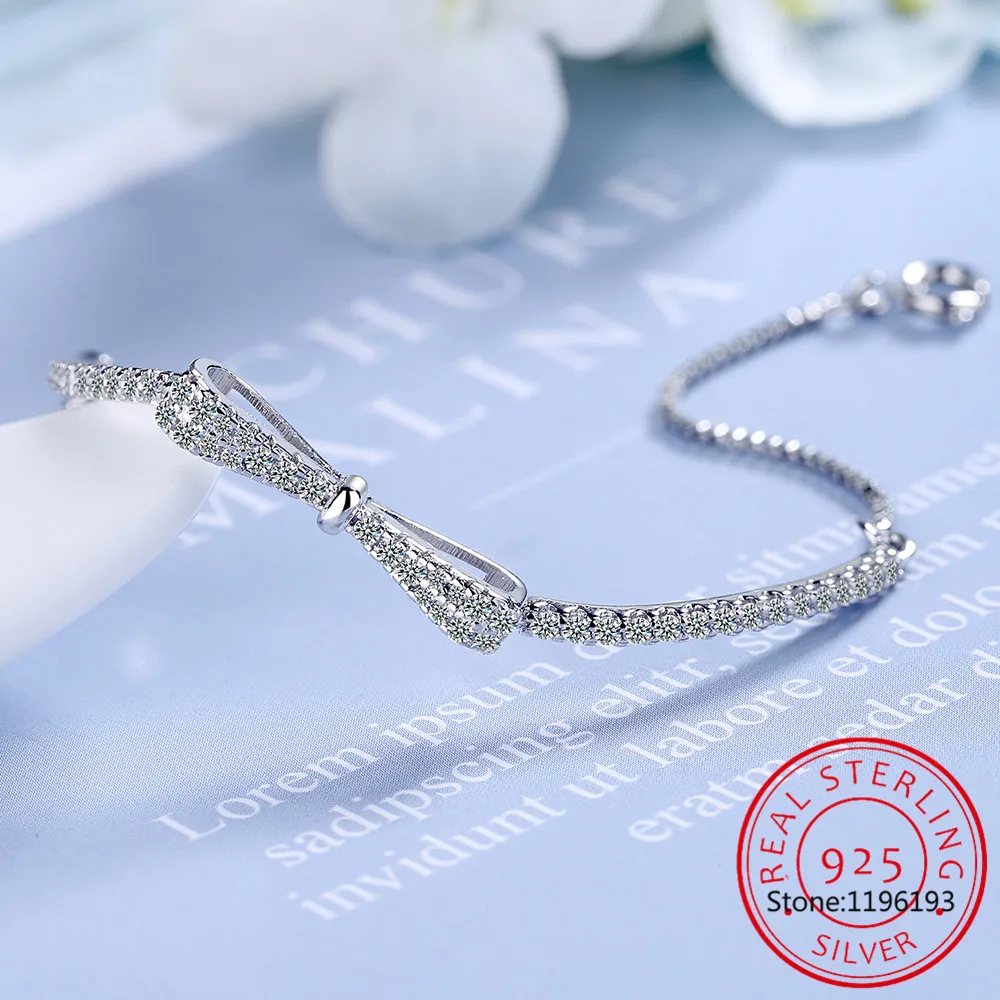 Hot Sale 925 Sterling Silver AAAAA Zircon Bow Bracelet Luxury Adjustable Tennis Bracelet For Mother To Girlfriend Jewelry Gift