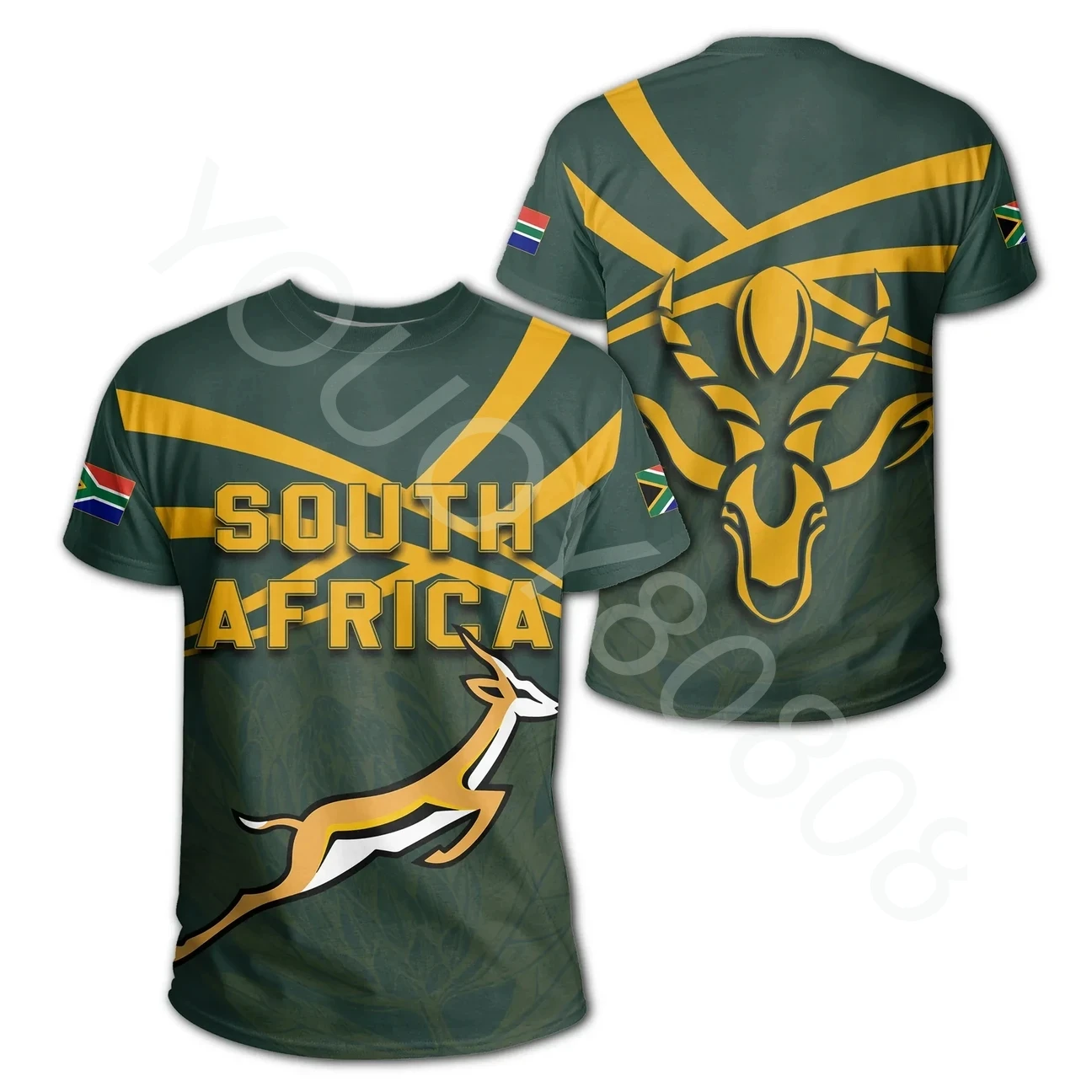 African Zone T-Shirt Ethnic Tribal Style Summer Print Men\'s T-Shirt South African Springbok - Rugby Fans Round Neck T-Shirt