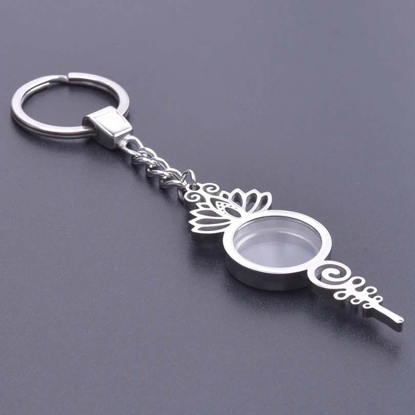 

New Lotus Flower Shape Floating Locket Keychain Photo Memory Relicario Glass Locket Pendant Key Chain DIY Women Men Jewelry Gift