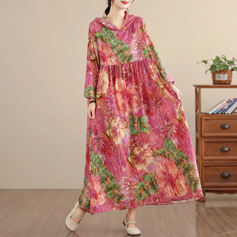 NYFS Early Spring 2026 New Retro Niche Soft Elegant Cloud Brocade Cotton-Linen Hooded Printed Plus-Size Dress