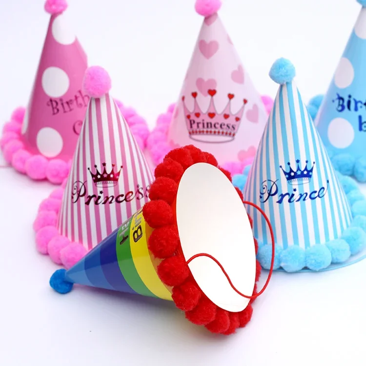 Cute Cartoon Party Hats for Kids, Shiny Gold and Silver Balls, Happy Birthday Crown Headwear